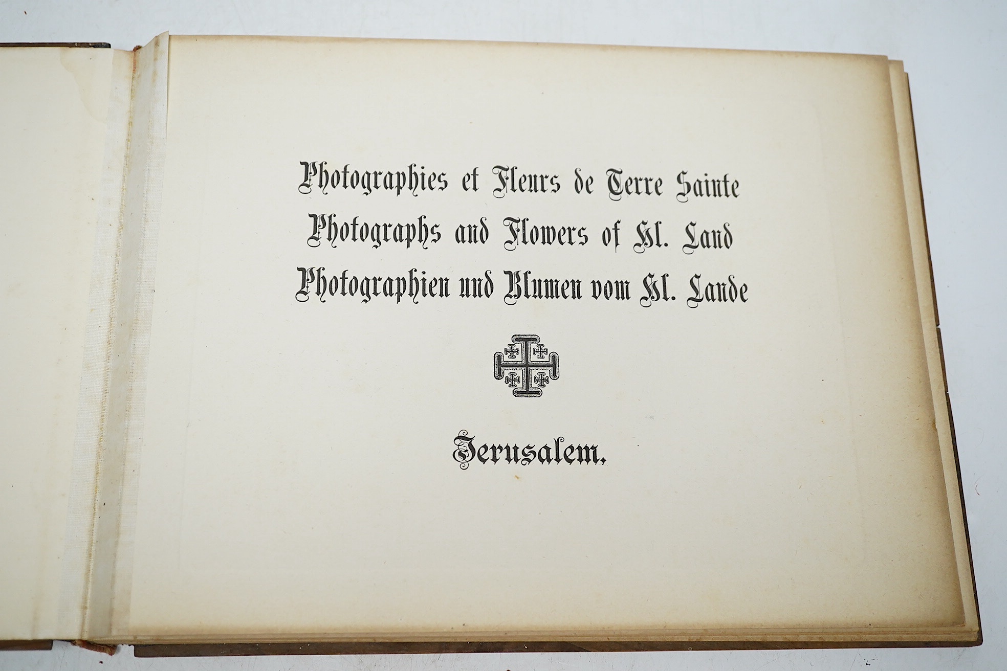 ‘Photographies et Fleurs De Terre Saint Jerusalem’, an olivewood album of pressed flowers. Condition - fair